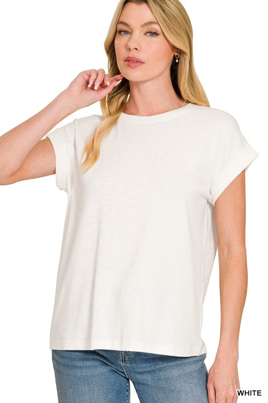 WHITE COTTON MODAL SLUB ROLLED SLEEVE TEE