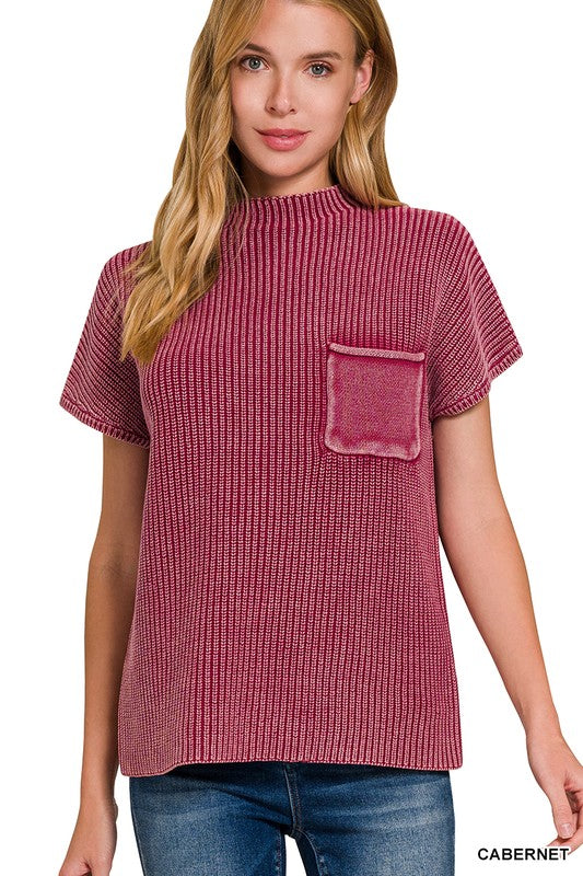 Washed Mock Neck Short Sleeve Sweater