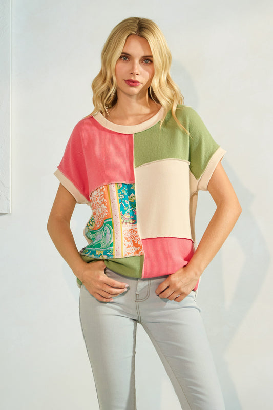 RAYS OF SUNSHINE Patchwork Short Sleeve Top