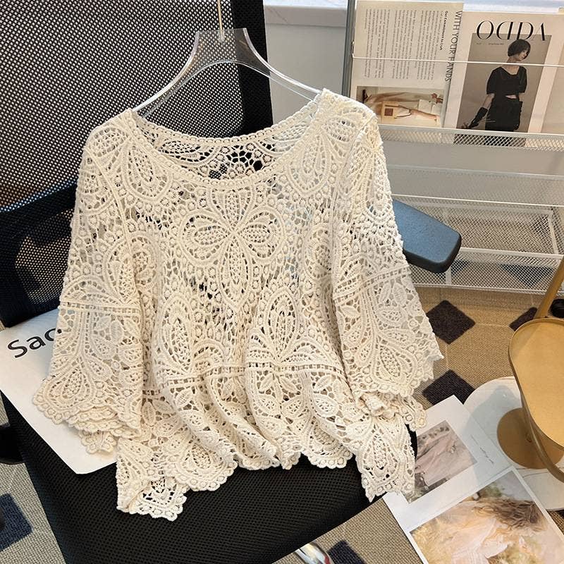 Bohemia Ecru Crochet Lace bell flare sleeve tee top cover up: White / M