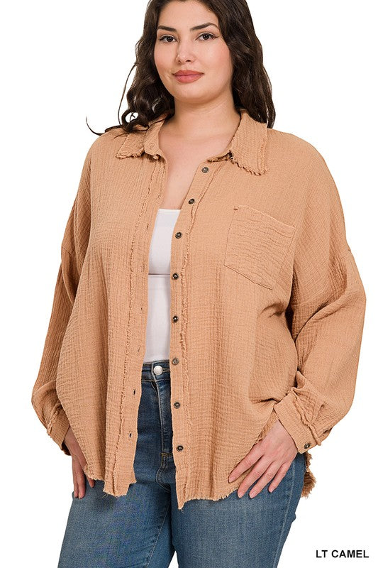 PLUS SIZE DOUBLE GAUSE RAW EDGE SHIRT