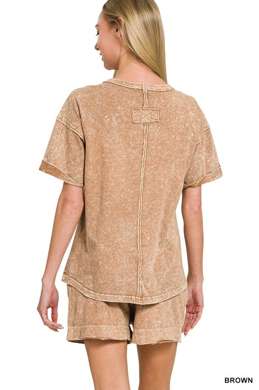 HALO SNOW WASHED EXPOSED SEAM TOP &
SHORTS SET BROWN