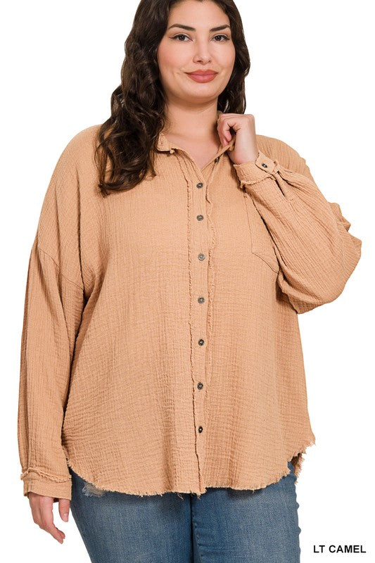 PLUS SIZE DOUBLE GAUSE RAW EDGE SHIRT