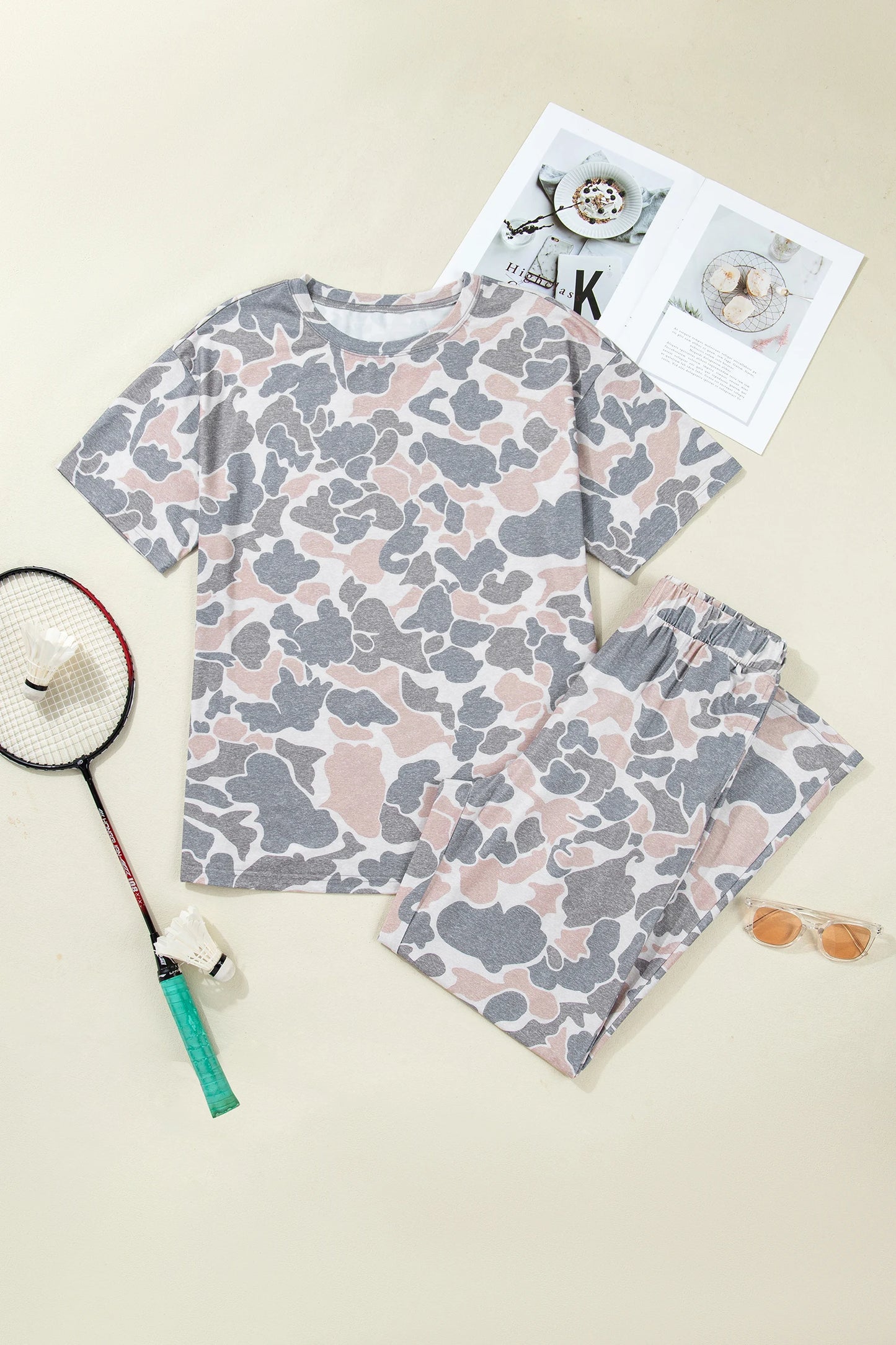 Camouflage Short Sleeve Top and High Waist Wide Leg Pants Set
