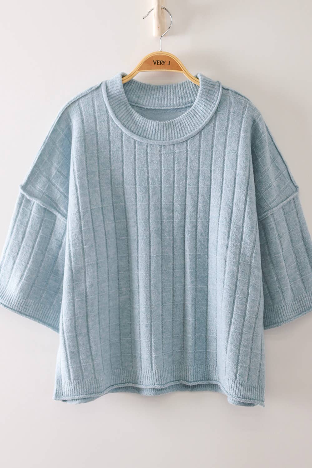 12W3734N-Cropped Length Ribbed Knit Sweater: BLUE / S-M-L/2-2-2