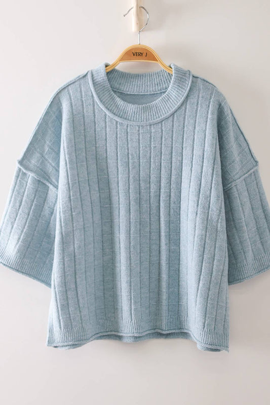 12W3734N-Cropped Length Ribbed Knit Sweater: BLUE / S-M-L/2-2-2
