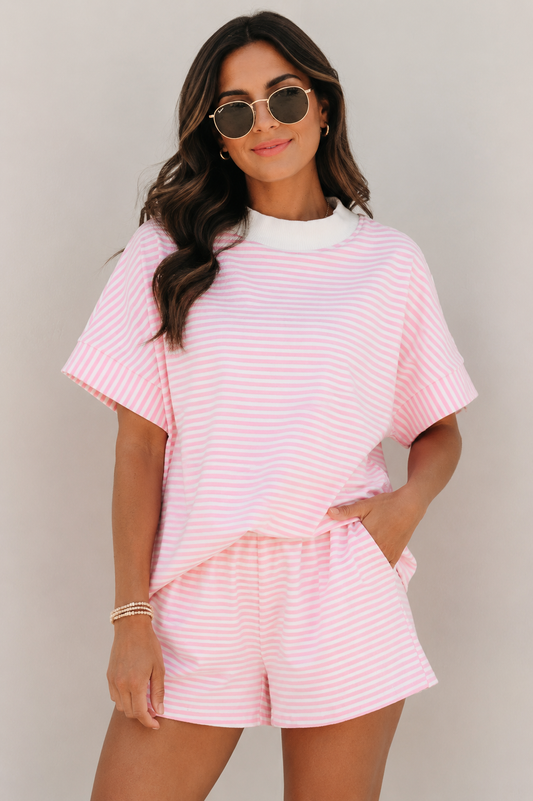 Pink Stripe Cuffed Sleeve Contrast Mock Neck Tee Casual 2pcs Short Set