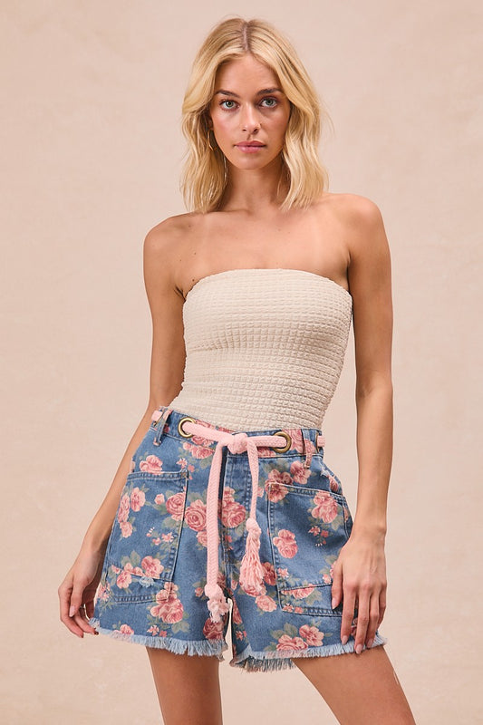 Braided Waist Belt Patch Pockets Floral Print Deni