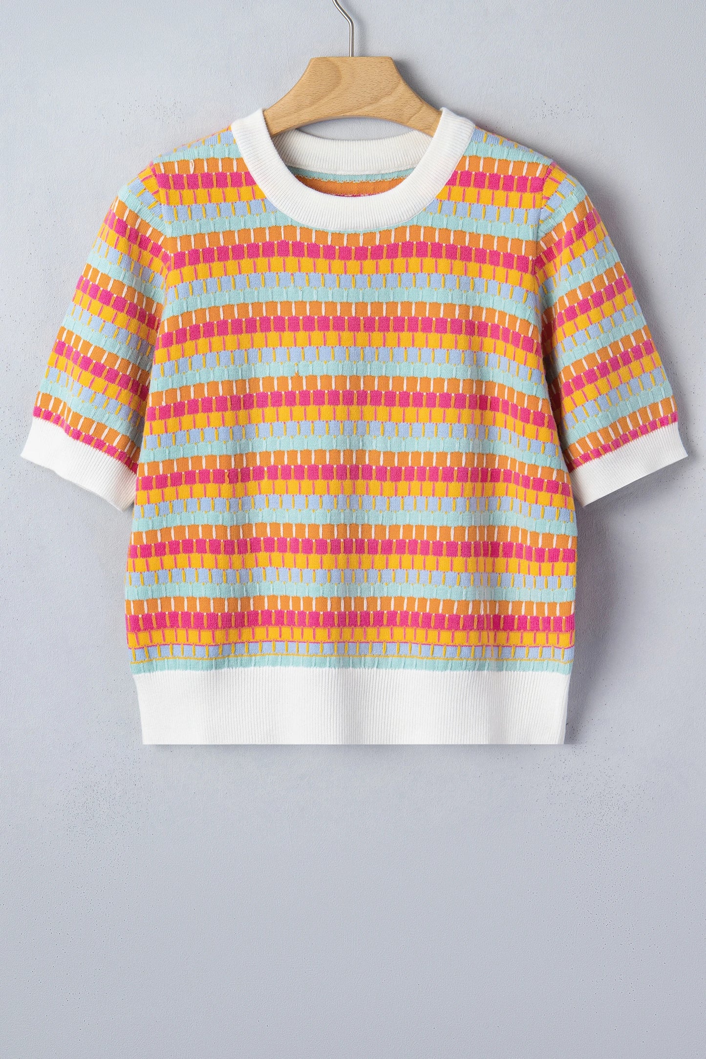 Orange Abstract Striped Knit Short Sleeve Sweater