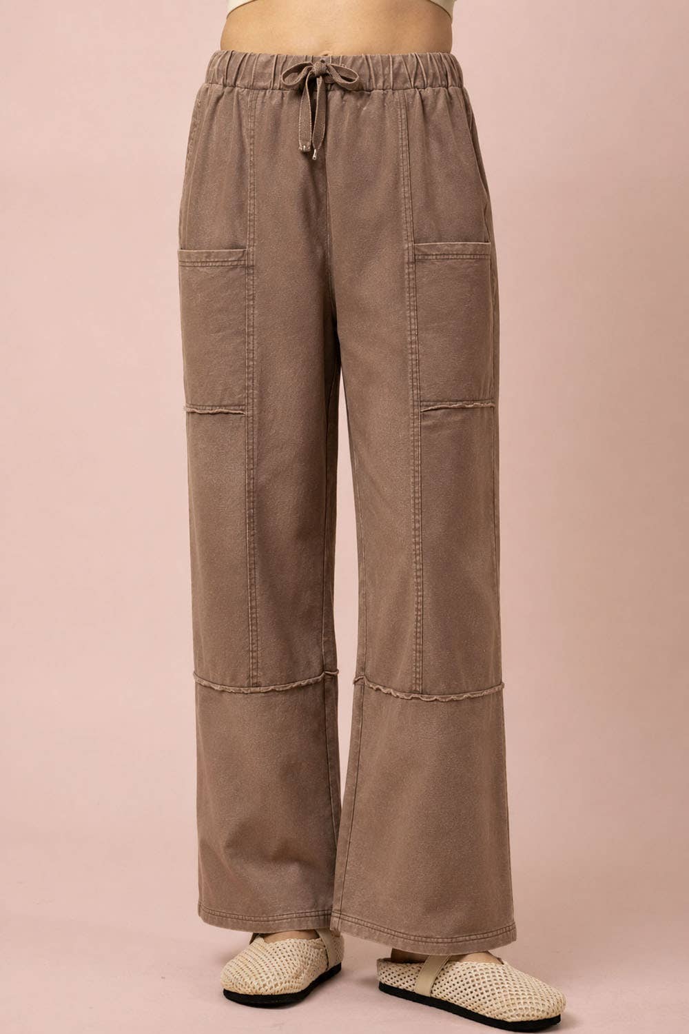 Mineral Washed Wide Leg Casual Comfy Pants: MOCHA / S-M-L/2-2-2