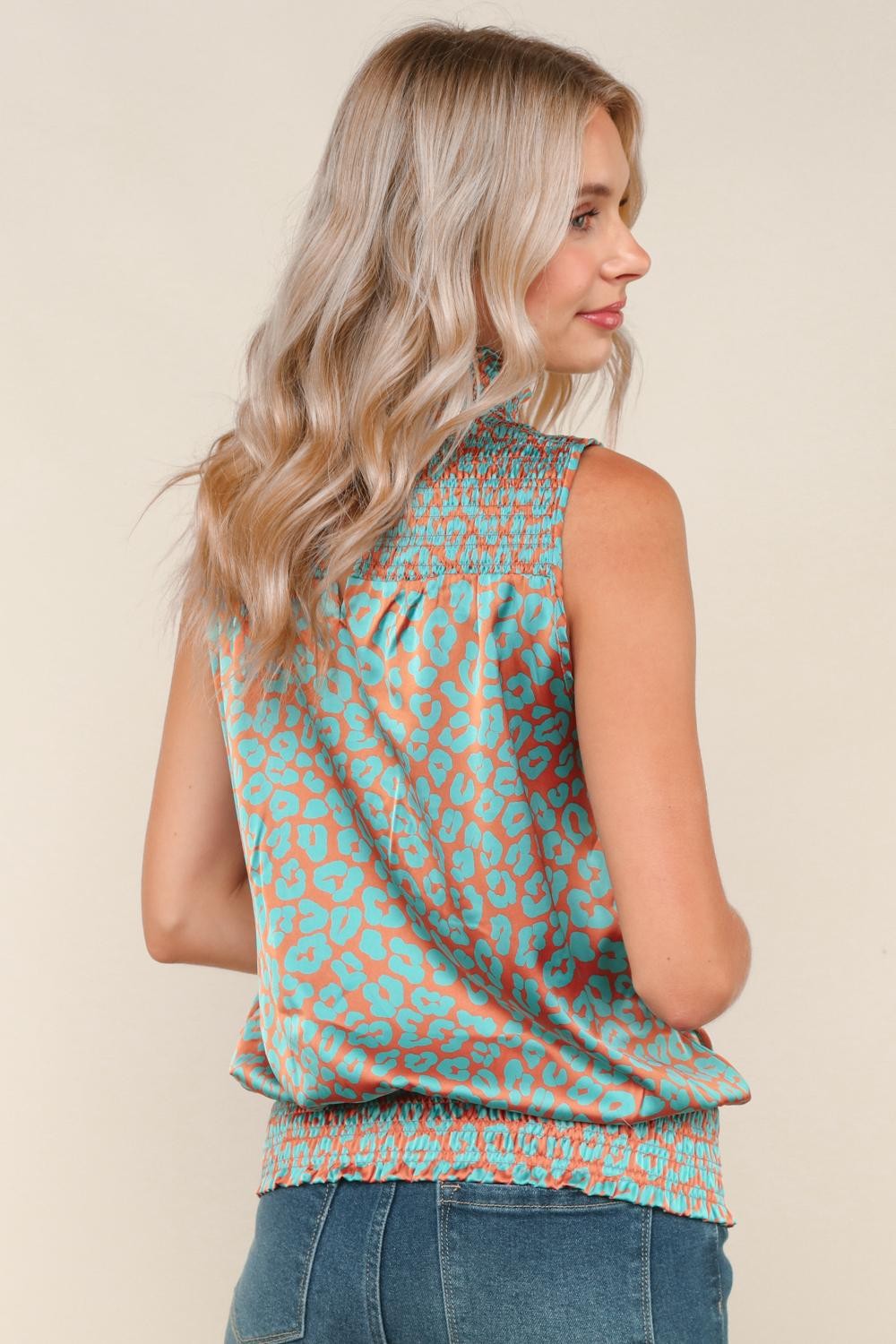 High Neck Sleeveless Leopard Print Satin Blouse