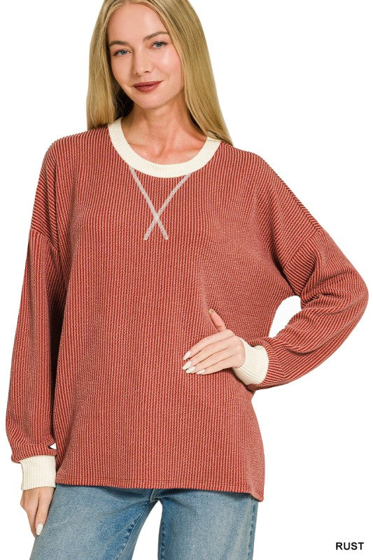 RUST RAISED RIB ROUND NECK PULLOVER