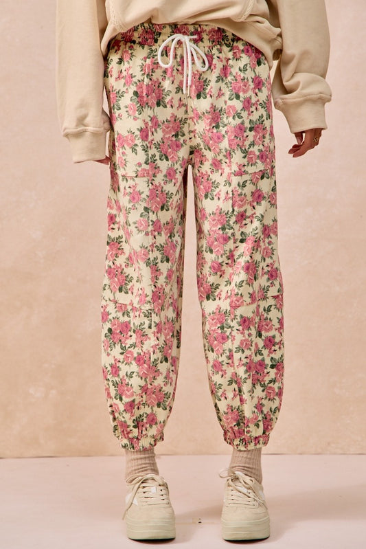 Floral Printed Twill Pants With Elastic Band