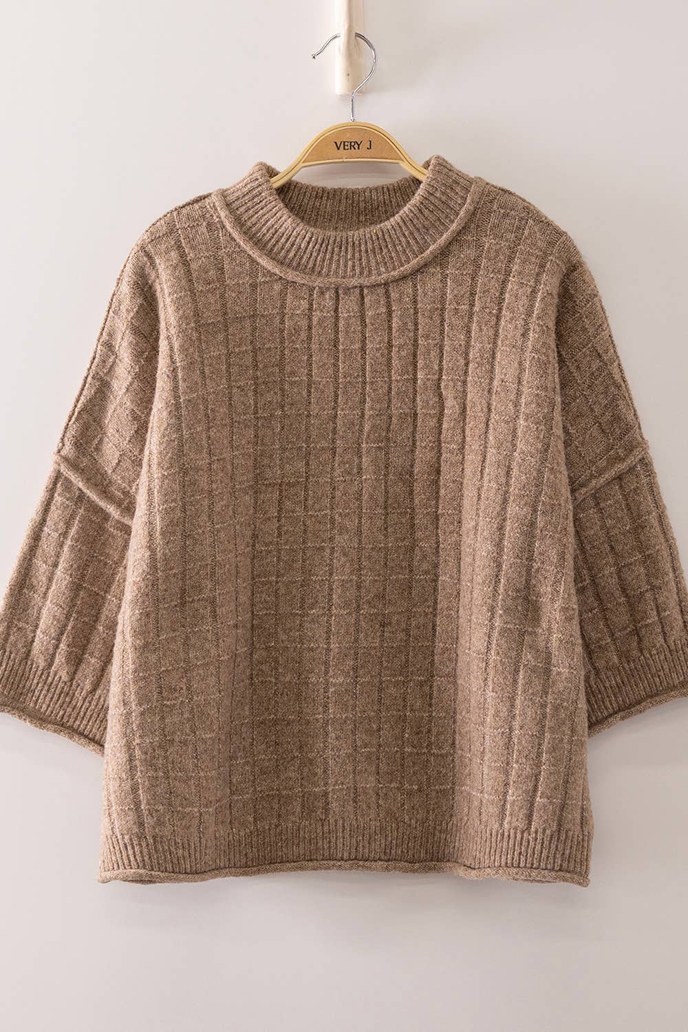 12W3734N-Cropped Length Ribbed Knit Sweater: MOCHA / S-M-L/2-2-2