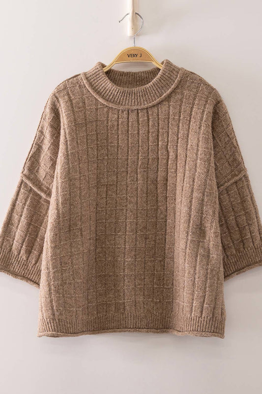 12W3734N-Cropped Length Ribbed Knit Sweater: MOCHA / S-M-L/2-2-2