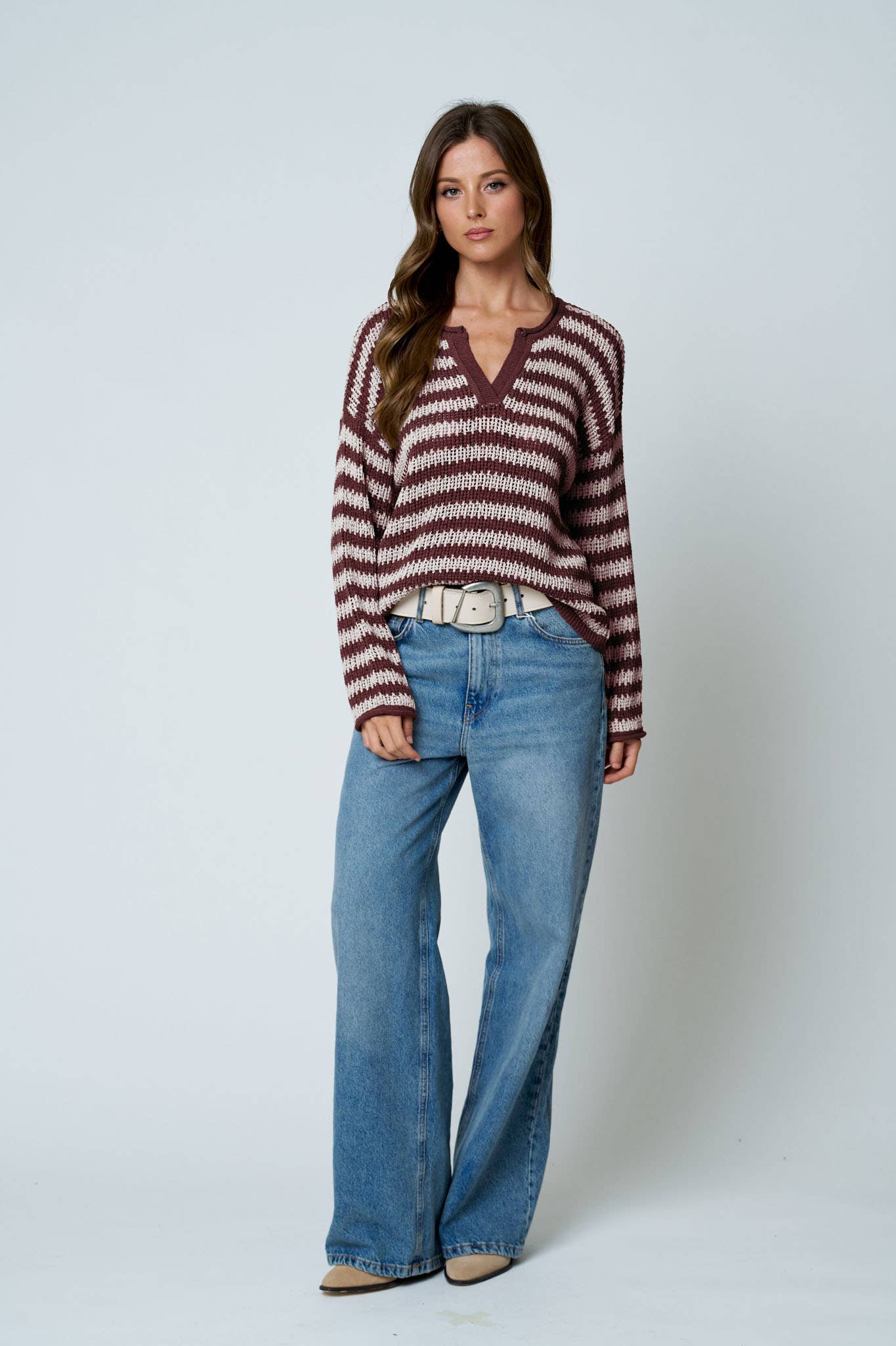 STRIPE RAW EDGE SPLIT NECK SHEER KNIT SWEATER : BURGUNDY