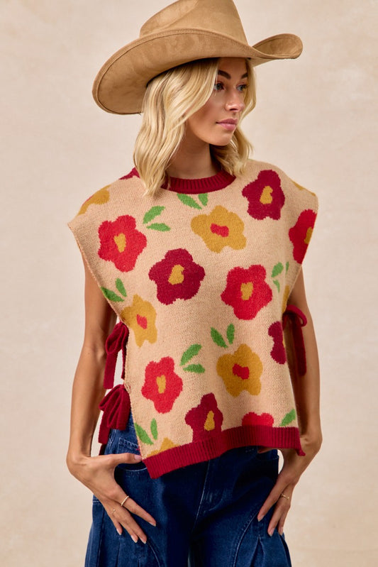Floral Pattern Side Tied Sweater Vest