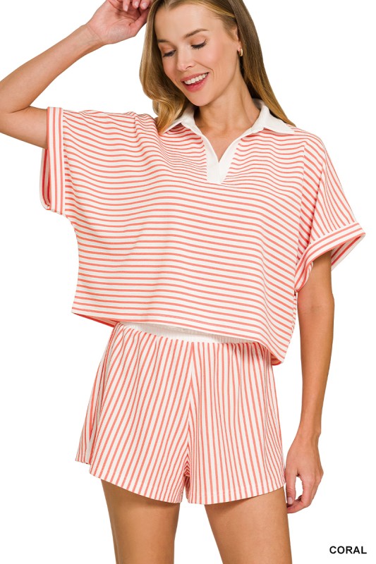 STRIPED COLLARED TOP & SHORTS SET Coral