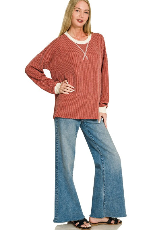 RUST RAISED RIB ROUND NECK PULLOVER