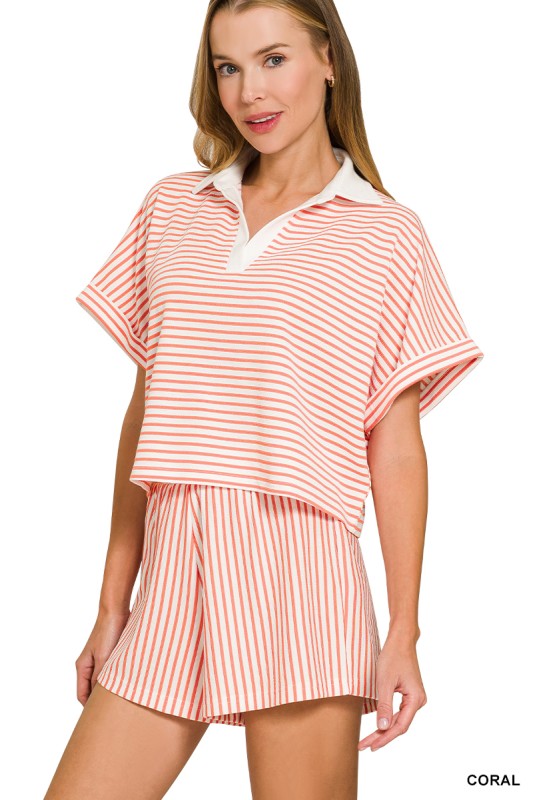 STRIPED COLLARED TOP & SHORTS SET Coral
