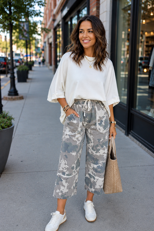 Brown Camouflage Print Contrast Lace-up Raw Edge Pocketed Loose Pants