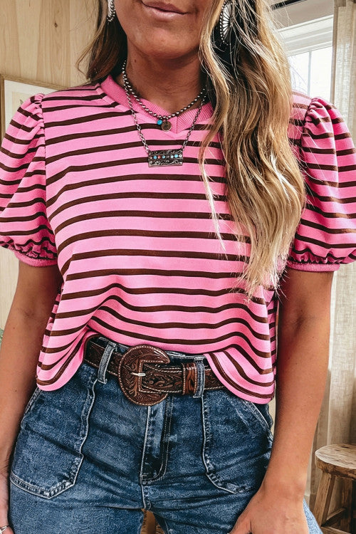 Rose Stripe Striped V-Neck Ribbed Collar Cuff Gathering Puff Sleeve