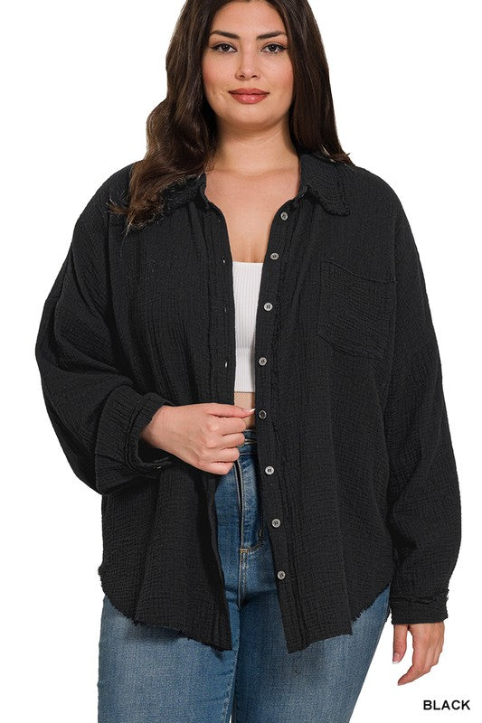 PLUS SIZE DOUBLE GAUSE RAW EDGE SHIRT