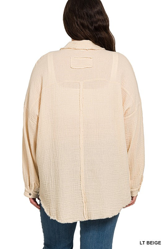 PLUS SIZE DOUBLE GAUSE RAW EDGE SHIRT