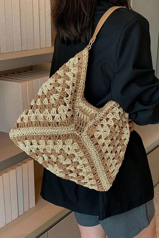 Vintage Woven Straw Crochet Bucket Shoulder Bag