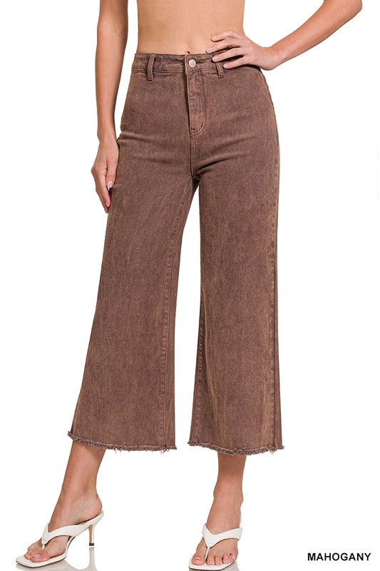 Acid Washed High Waist Frayed Hem Straight Pants