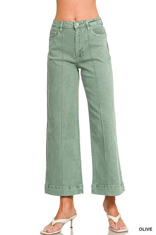 OLIVE HIGH RISE WIDE LEG PINTUCK COLOR DENIM PANTS