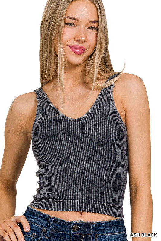 WASHED RIBBED CROPPED BRA PADDED V-NECK TANK TOP