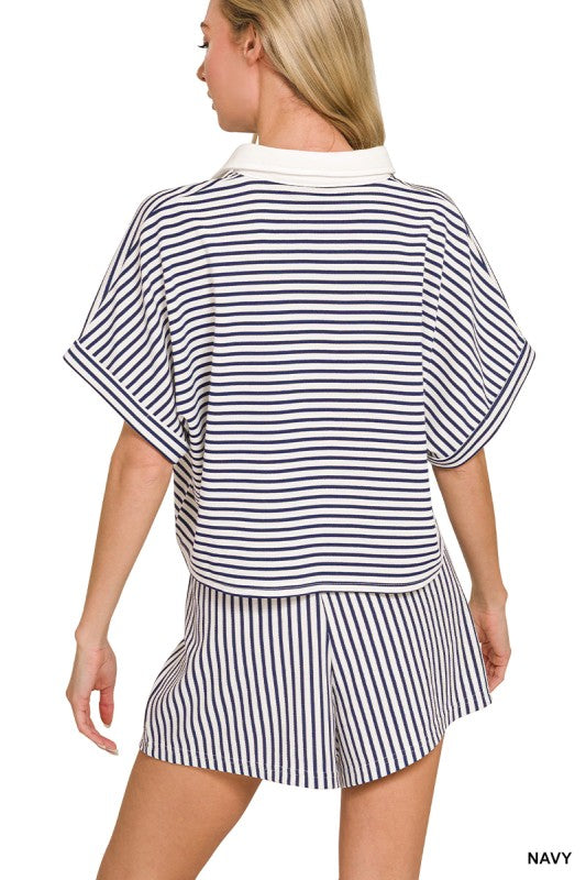 STRIPED COLLARED TOP & SHORTS SET NAVY