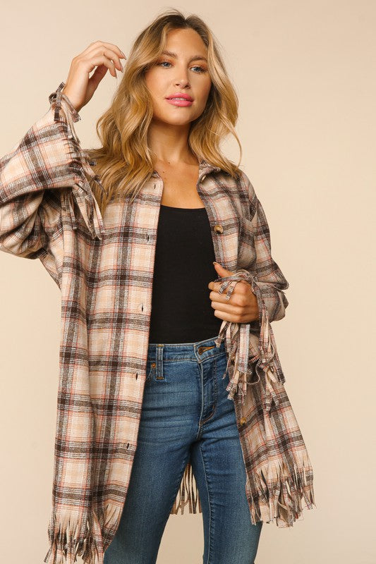 FLANNEL PLAID COLLAR LONG SLEEVE SHACKET