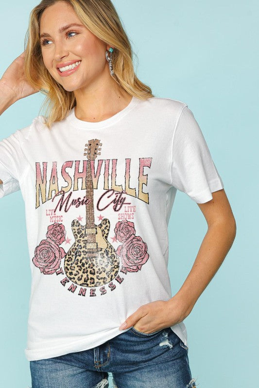 NASHVILLE MUSIC CITY SHORT SLEEVE KNIT TOP