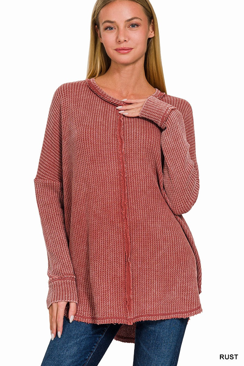 ABBI WASHED BABY WAFFLE OVERSIZED LONG SLEEVE TOP