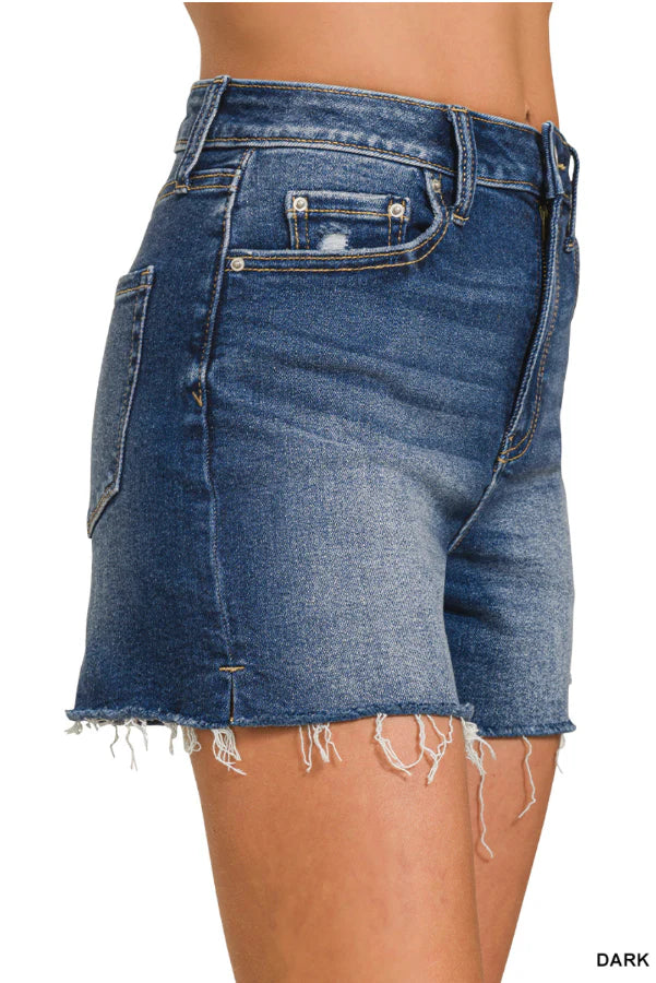 Distressed Hem Denim Shorts - Dark Wash