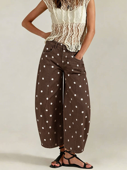 Vintage Chic Polka Dot Seamed Curved Cropped Jeans