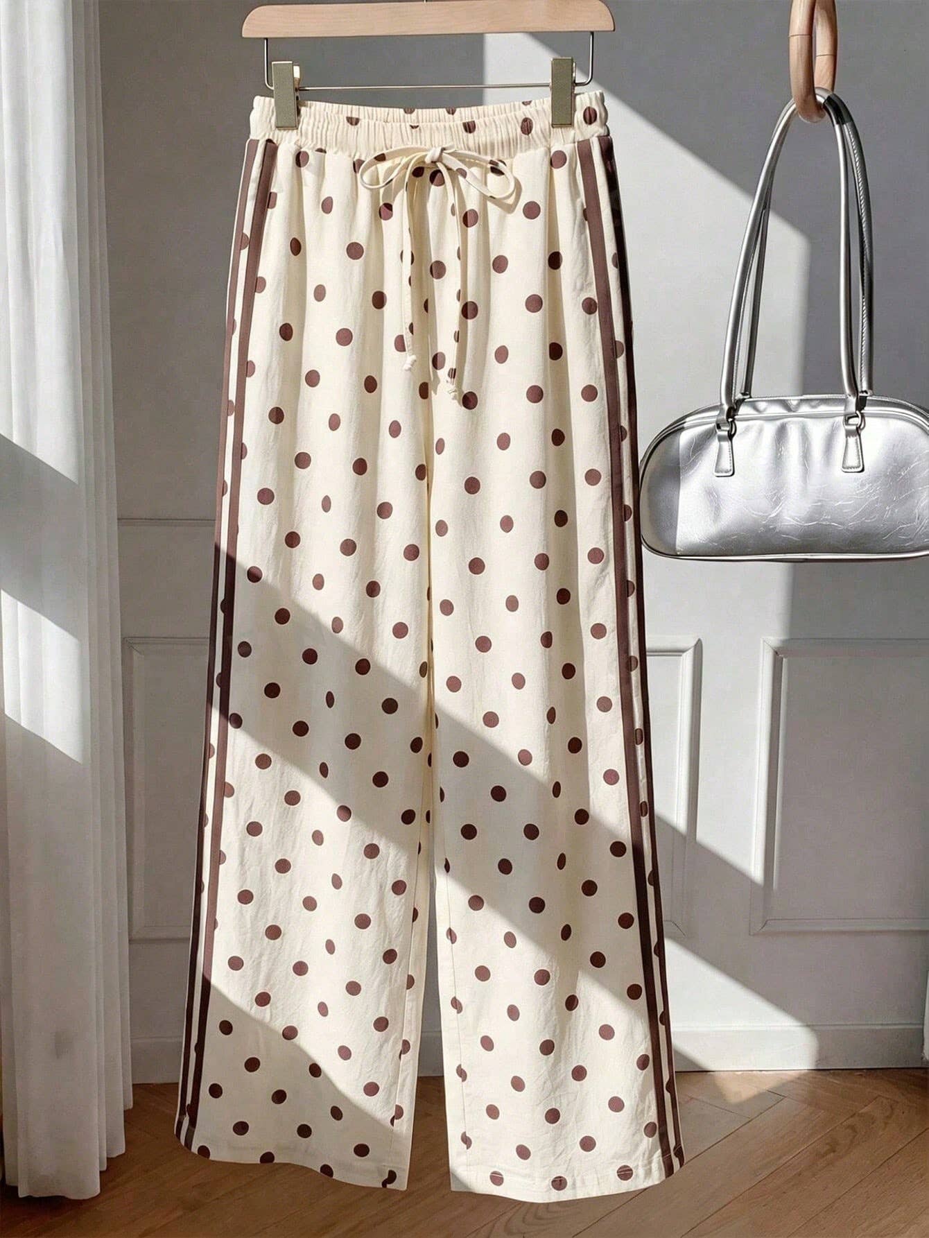 Cream Polka Dot Side Stripe Wide-Leg Waist Tie Pants: Cream