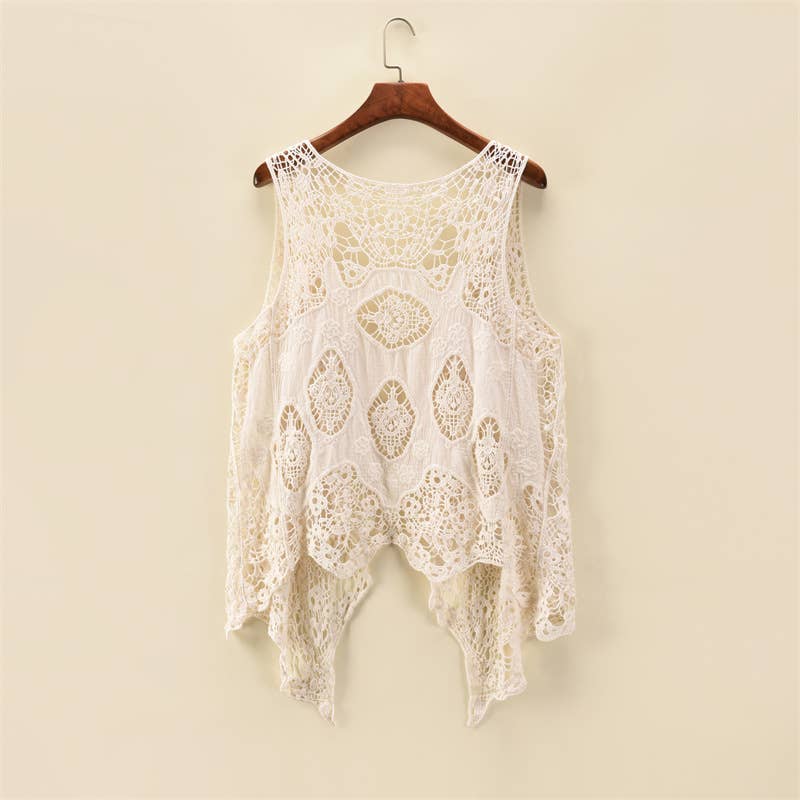 Sleeveless Hollow Jacquard Lace Cardigan: Khaki