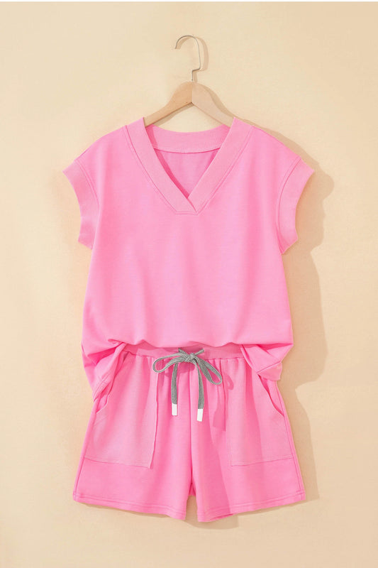 Sachet Pink V Neck Short Sleeve Top Drawstring Shorts 2pcs Set