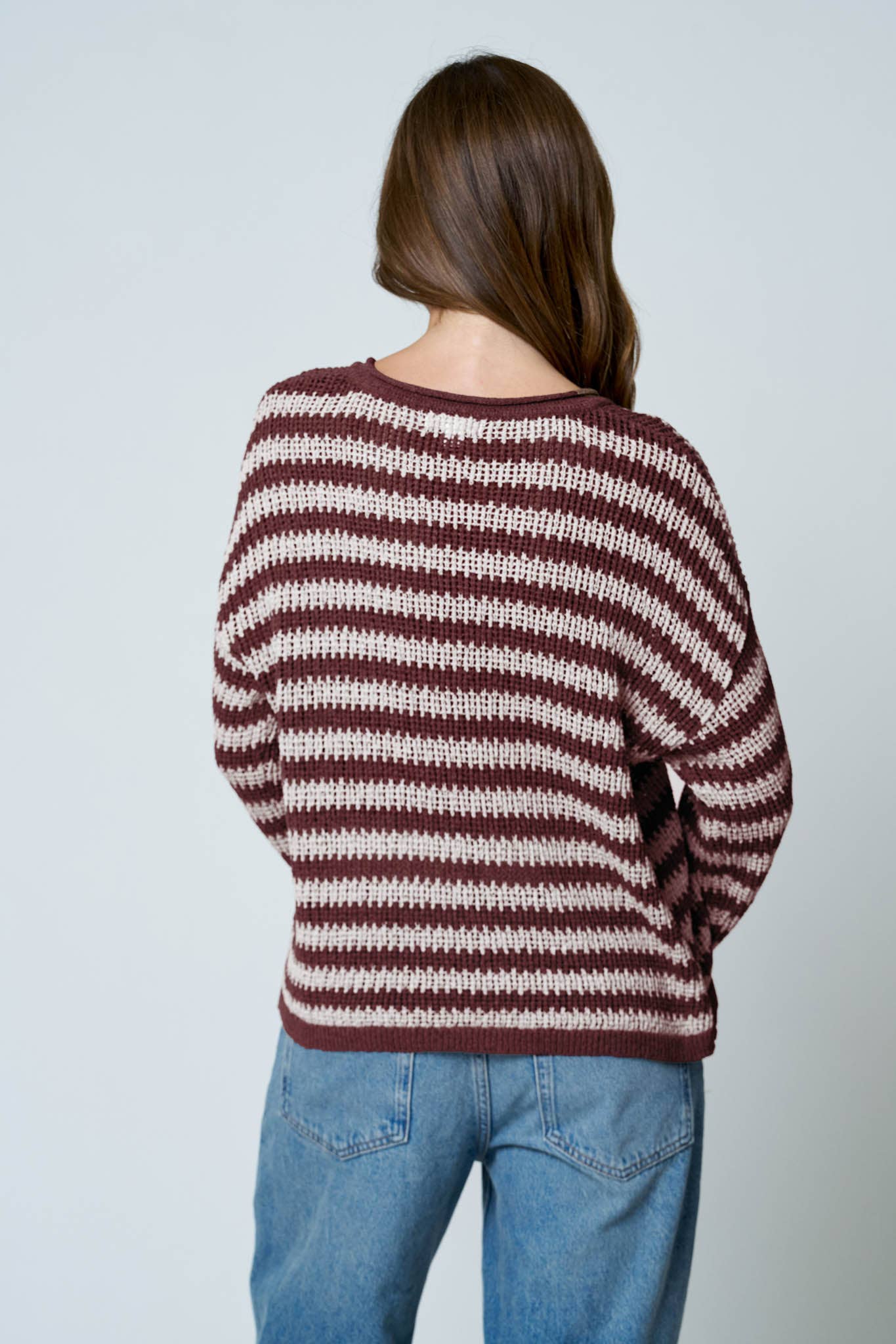 STRIPE RAW EDGE SPLIT NECK SHEER KNIT SWEATER : BURGUNDY