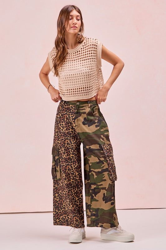 Leopard And Camouflage Mixed Cargo Pockets Pants