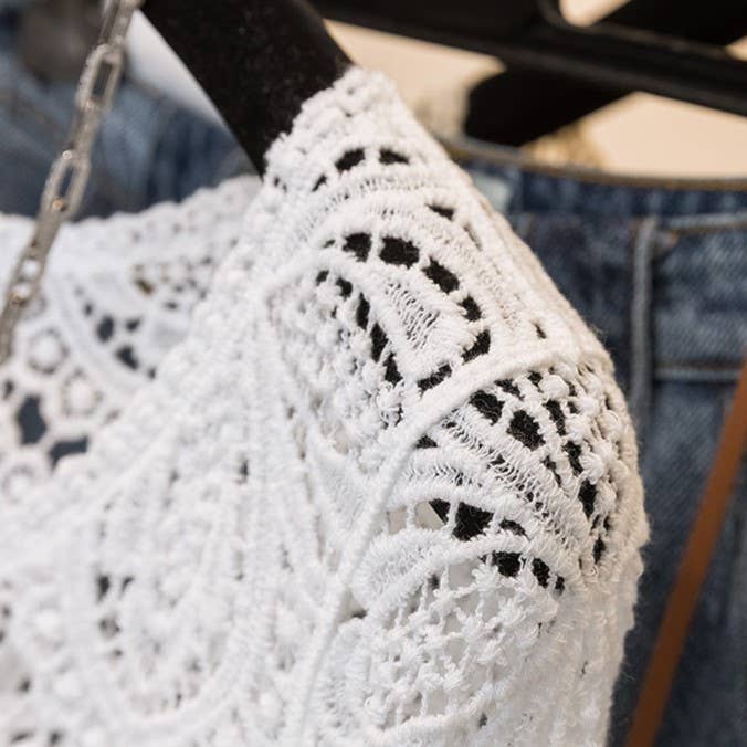 Bohemia Ecru Crochet Lace bell flare sleeve tee top cover up: White / M