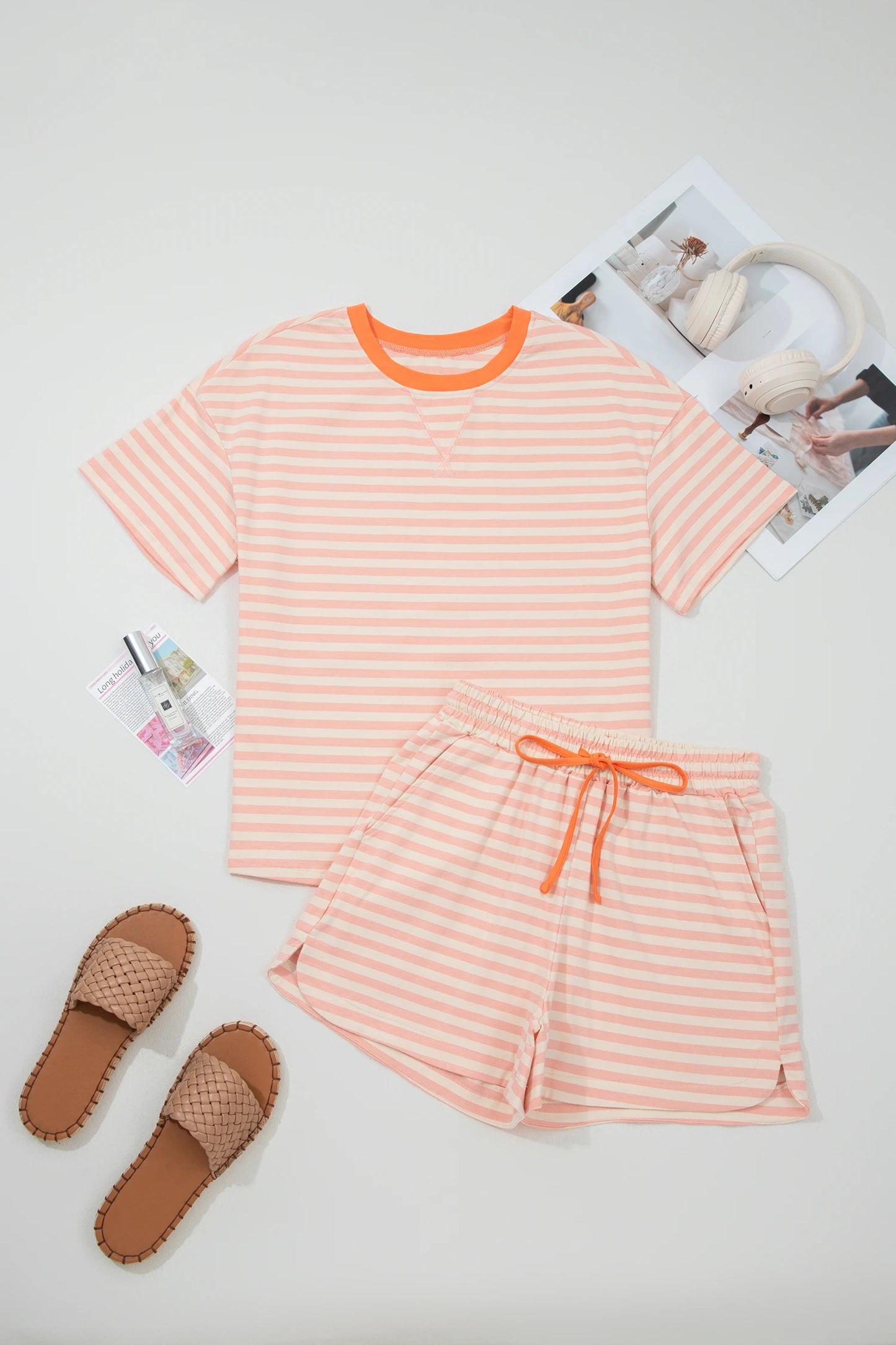 Coral Stripe Contrast Neck Loose Tee and Drawstring Shorts Set