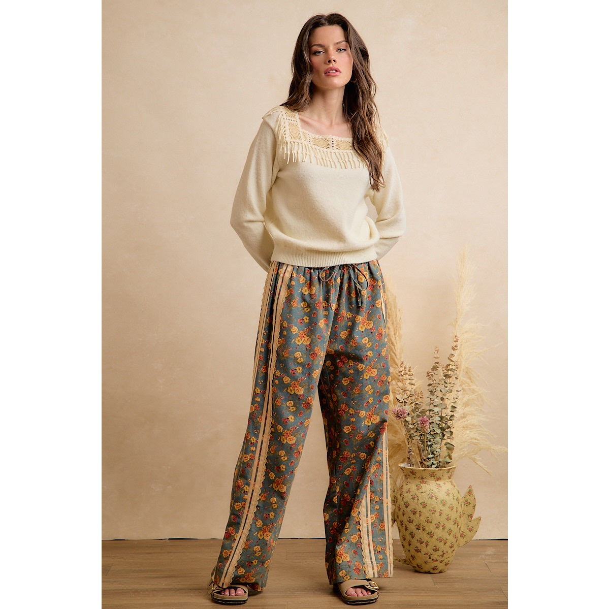 Washed Floral Denim Side Lace Trim Elastic Pants