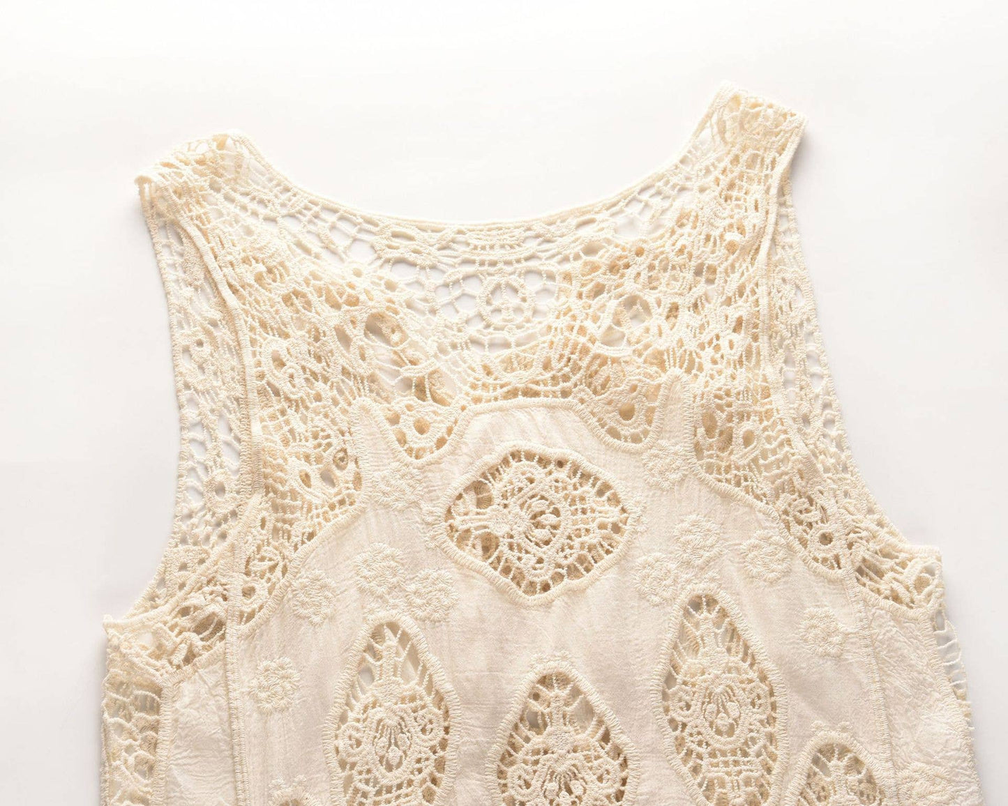 Sleeveless Hollow Jacquard Lace Cardigan: Khaki