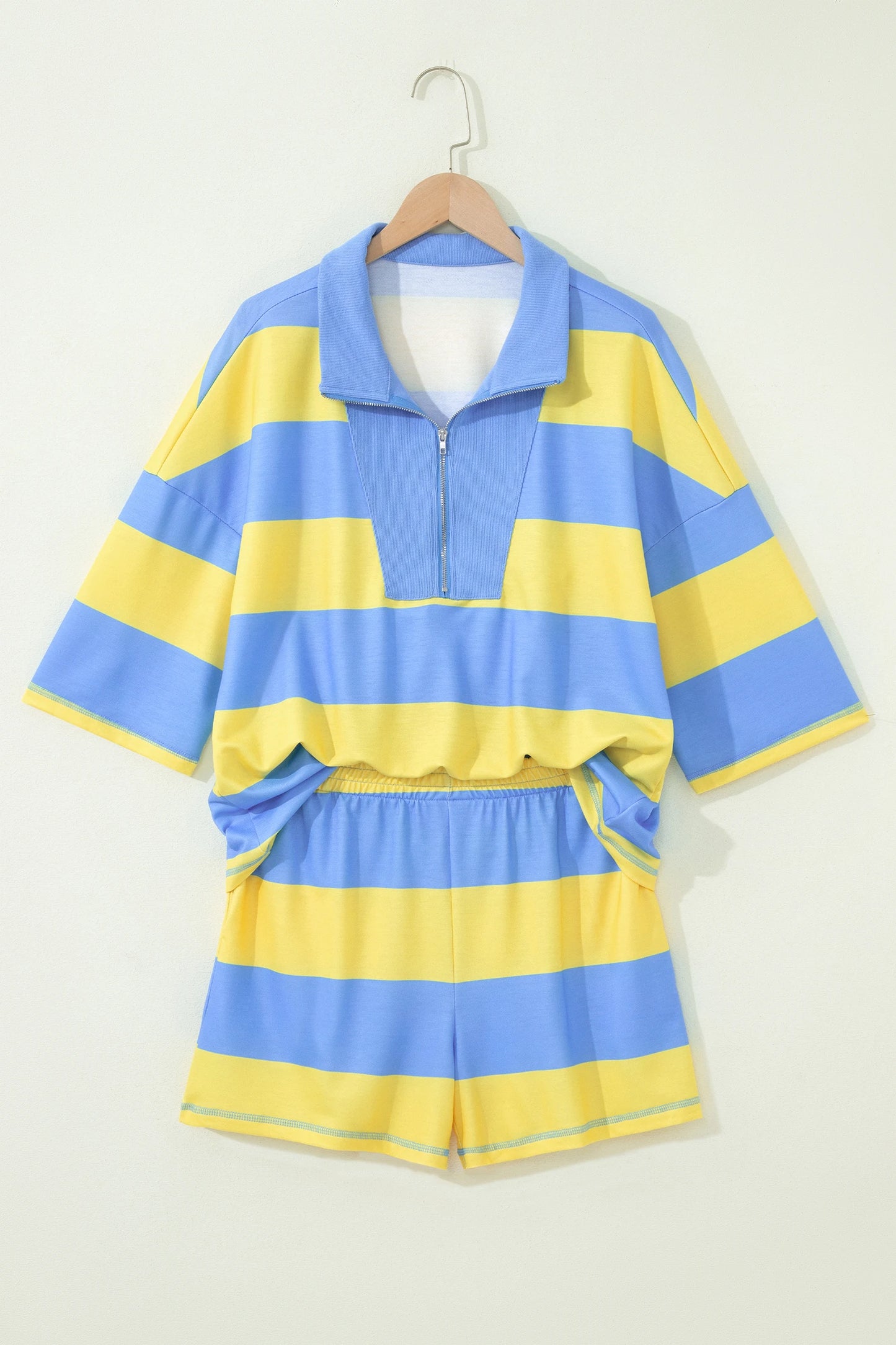 Yellow Stripe Seam Detail Half Zip Tee Casual Shorts 2pcs Set
