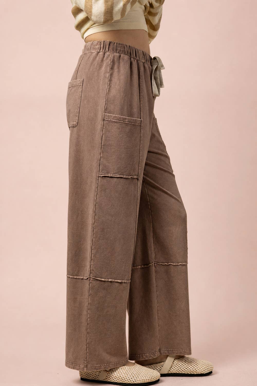 Mineral Washed Wide Leg Casual Comfy Pants: MOCHA / S-M-L/2-2-2