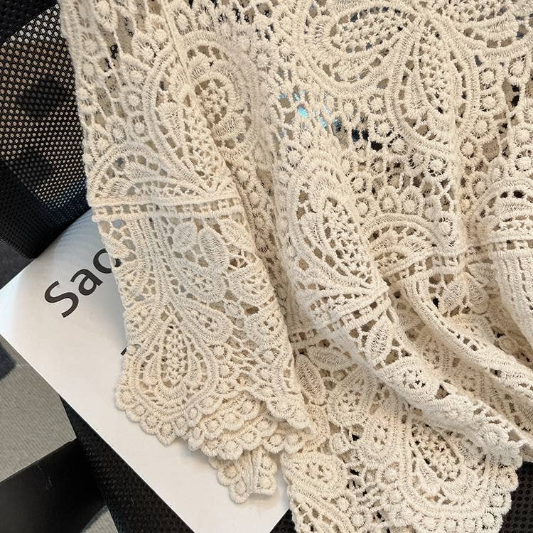 Bohemia Ecru Crochet Lace bell flare sleeve tee top cover up: White / M